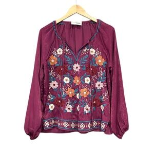Savanna Jane Magenta Floral Embroidered Tunic Top Blouse Long Sleeve Size Large